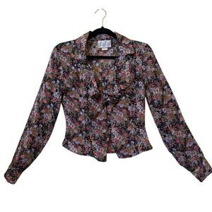 Vintage Try 1 Black Floral Ruffled Cropped Blouse Sz S Y2K, Feminine